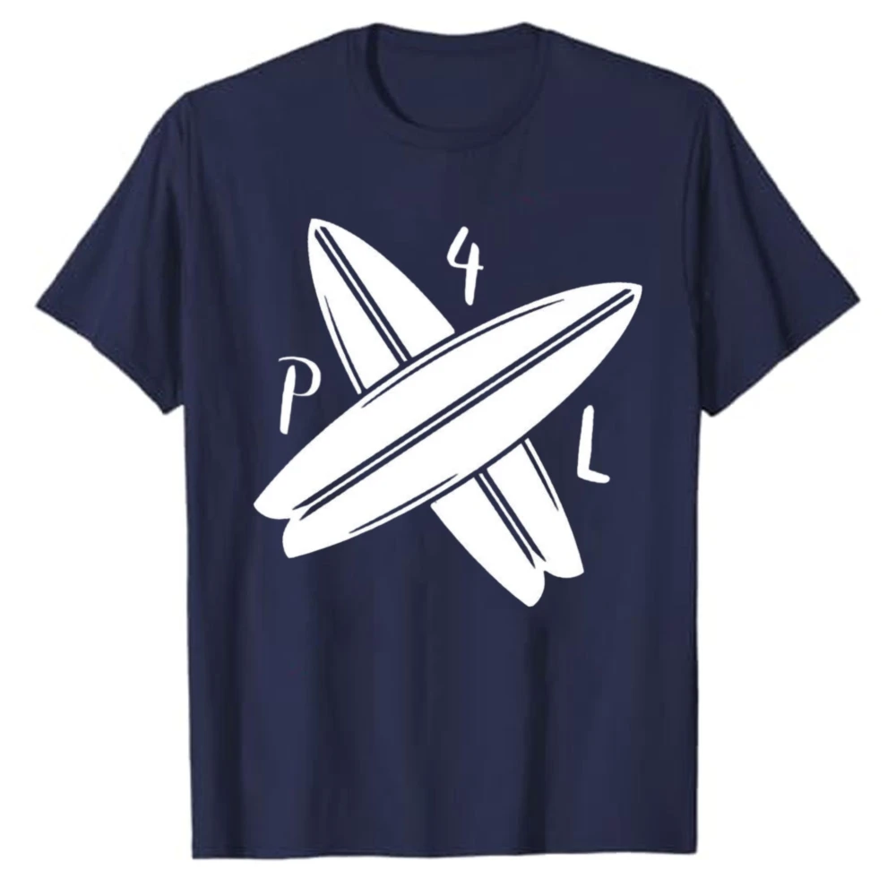 P4L Crossed Surfboards Graphic T‑Shirt Casual Cotton Tees Outer Banks‑Inspired Sketch Surf Board Print Beach Coastal Surfer Tops