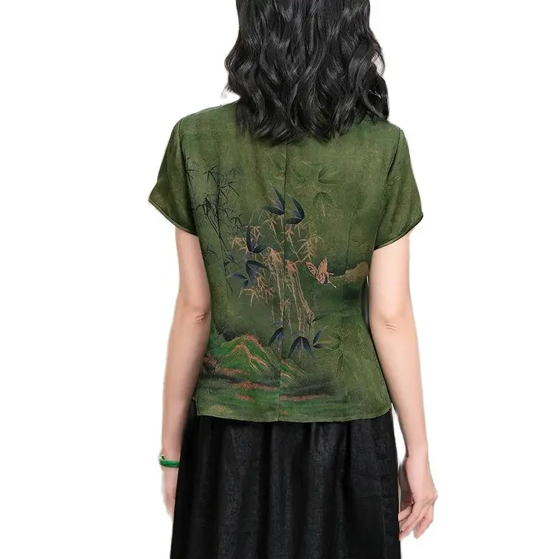 BirdTree, Watered Gauze Real Silk T-Shirts, Women Stand Short Sleeve Butterfly, Vintage New Chinese Tops, 2024 Summer T453112QM