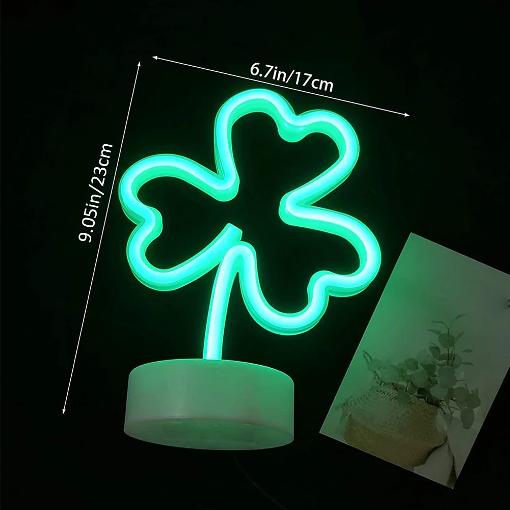 Shamrock 데스크탑 네온 나뭇잎 모양 램프, 행운의 LED 네온 사인, 어린이 아기 침실 크리스마스 장식, 녹색 클로버 베이스