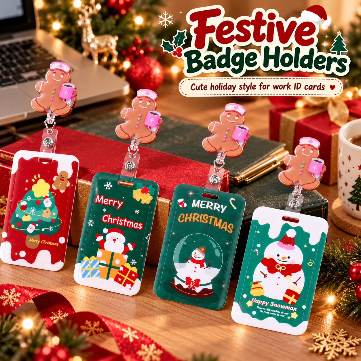 Christmas retractable badge reel and ID card holder, gingerbread man acrylic decoration, suitable for office work name tags