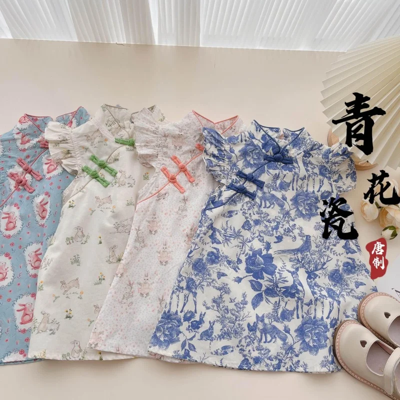 

Girls Cheongsam Dress Summer New Sweet National Style Cotton Floral Cheongsam Dress Women's Baby Dress95112WS