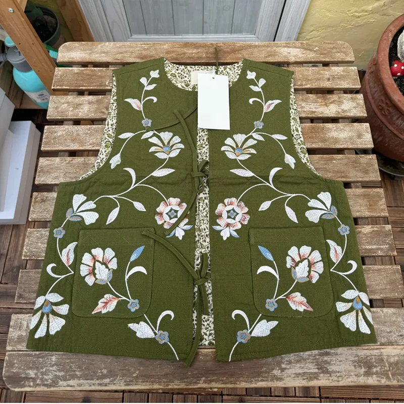 

een Floral Embroidery Waistcoat Top without Sves Belt Design Cotton Blend Comfortable Fit for Commute Spring Season