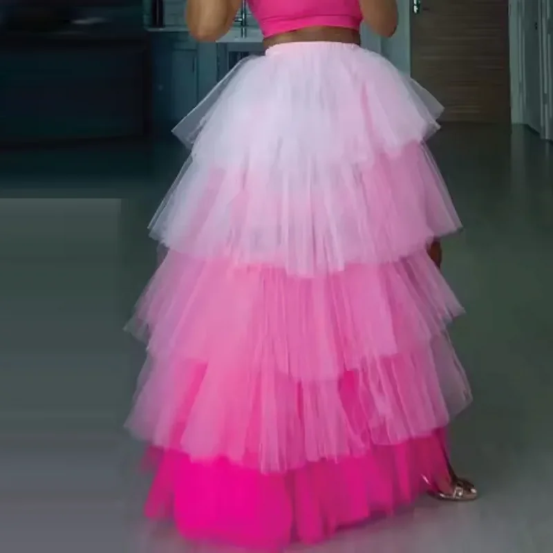 Ombre Pink Color Tulle Skirt High Fluffy Asymmetrical Long Party Skirts Women Custom Made Layered Tulle Tutu Skirt Fashion