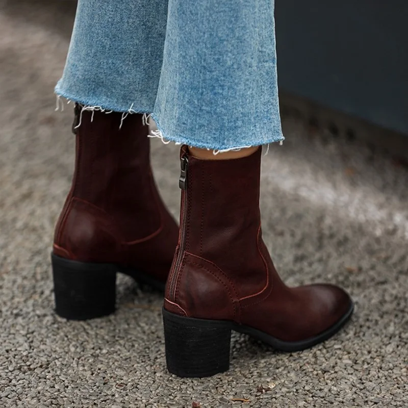 Woman Ankle Boots Round Toe Elegant Winter Boots Soft Cowhide Ladies Warm Shoes Back Zipper Modern Shoes For Autumn Spring