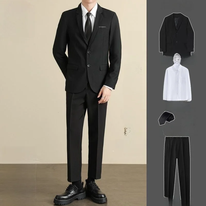 

Весенне-осенний однотонный мужской костюм: повседневный, деловой, для собеседований, формальный комплект, стандартный крой, с плоским воротником, из полиэфирного волокна