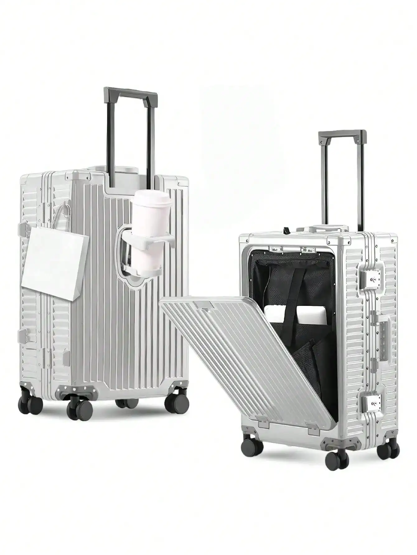YYW All Aluminum 20 Carry-On Spinner Luggage With Built-In USB Charger, TSA Lock, Front Pocket And Cup Holder - Airline Approved Hardshell Suitcase For Men & Women