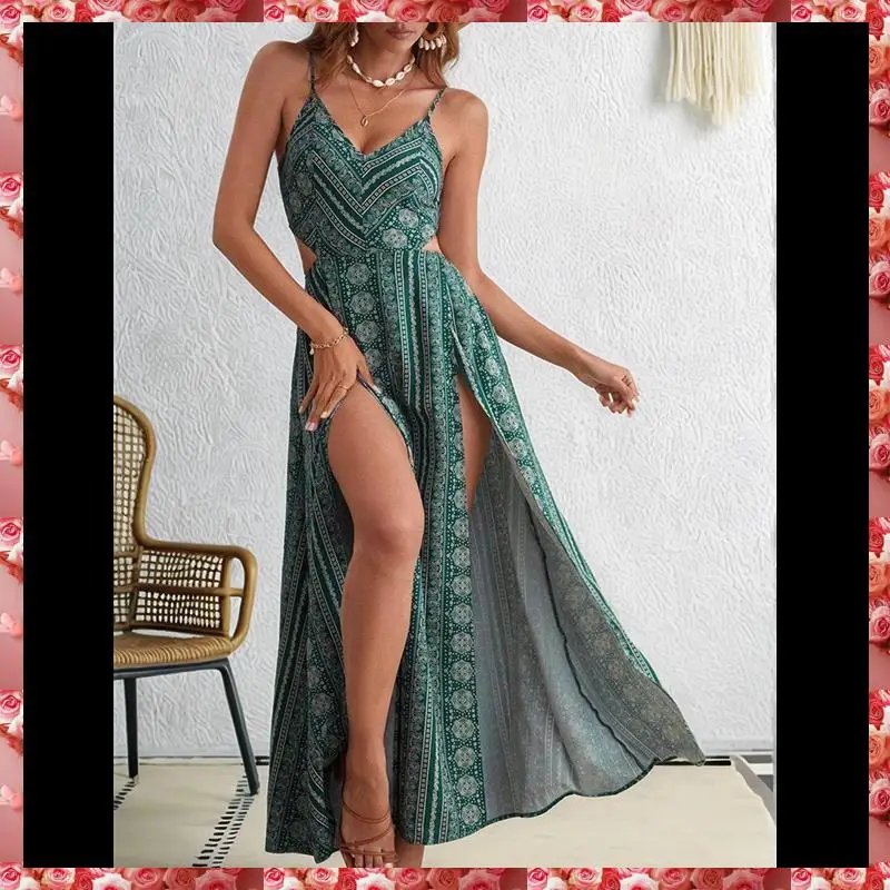 Robe d'été pour femmes, cravate au dos, col en V, florale, Maxi, tropicale, longue plage, vacances, fente latérale