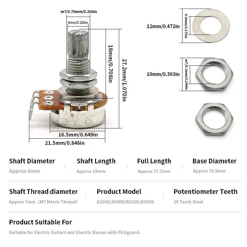 4pcs Small Size A500k/b500k Split Shaft 18mm Guitar Volume Tone Pots Potentiometer For Electric Guitar Bass