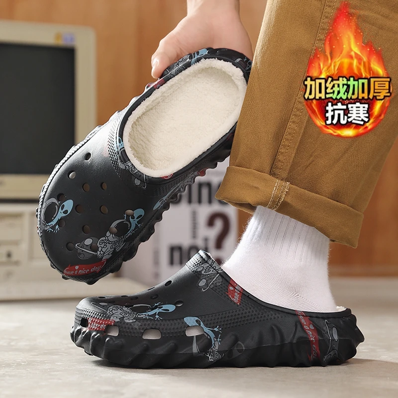 Mens Winter Indoor Keep Warm Fur Slippers With Plush Home Shoes House Printed Clogs Rubber Half Shoes Slip-On Backless Sandals