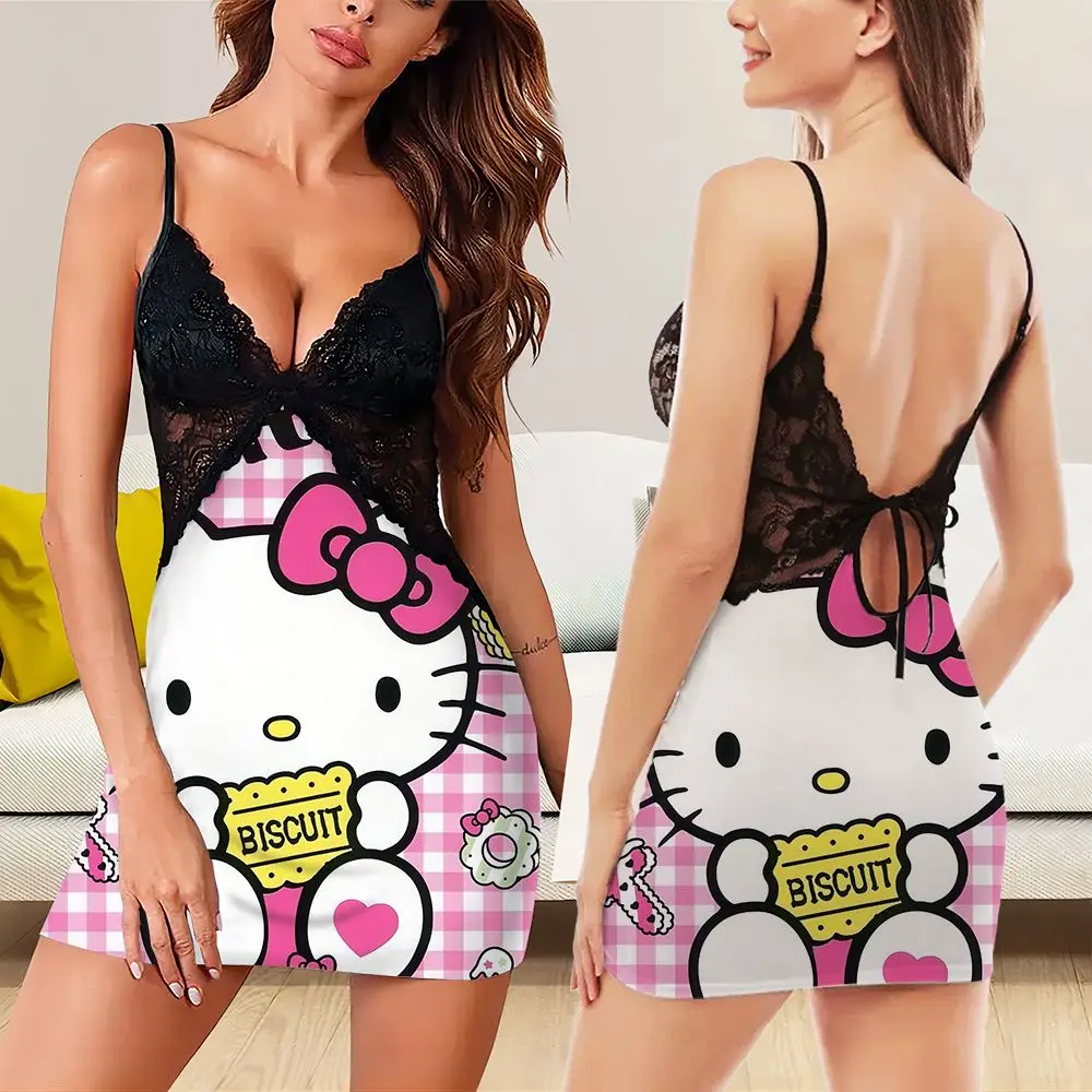 Hello Kitty Cartoon Pattern Printed Women's Pajamas Summer Fashion Women's Pajamas Sexy Charming Women's Strap Sleeping Skirt