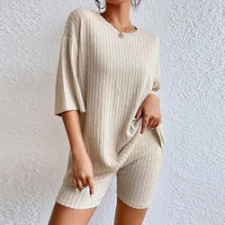 2023 Women's Summer Vacation Fashion Casual Suit Solid Color O Neck Shorts Sleeved And Tops Suits Two Piece Sets Homewear