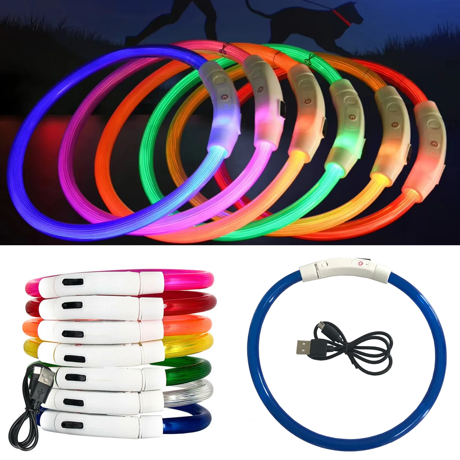 

Led Glowing Dog Collar Safety Flashing Glow Usb Rechargeable Cat Loss Prevention 50Cm Night Anti-Lost Multicolored 3/Light Modes