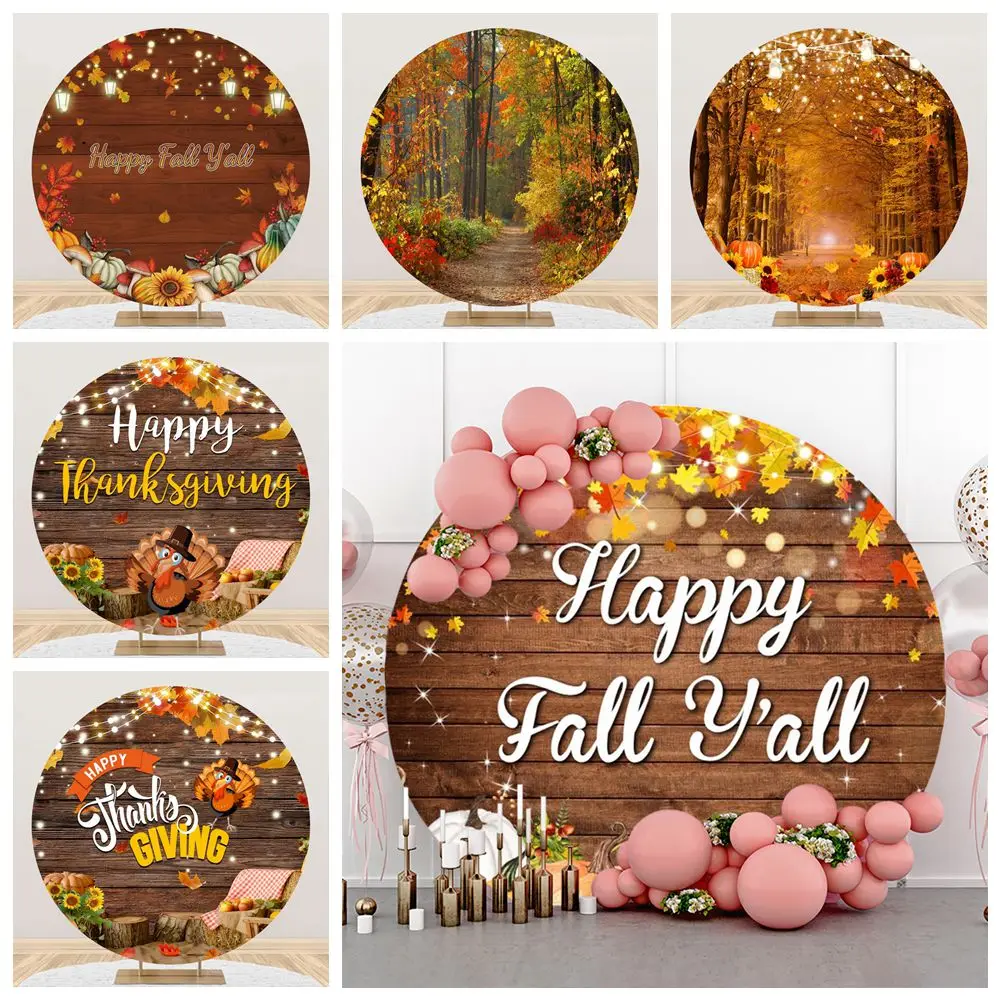 

Autumn Round Backdrop Cover Fall Pumpkin Maple Leaves Forest Nature Scene Thanksgiving Day Circle Photography Background decor