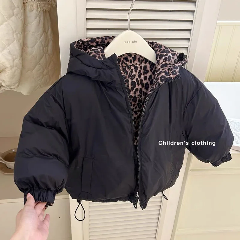 New Children's Reversible Leopard Print Puffer Jacket Winter Hooded Coat Thickened Warm Cotton Padded Jacket Fashion Outerwear