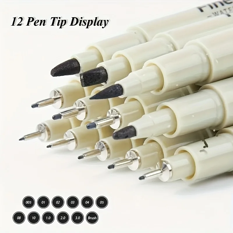 12Pcs Manga Markers Needle Pen Art Hand-painted Hook Line Pen Sketch Pens Stationery Set Art Supplies Student School Supplies