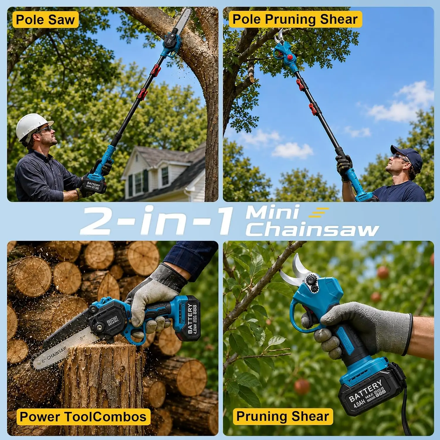 4-in-1 Cordless Pole Saw and Pruning Shears, Full-Size 6-Inch 21V Brushless Electric Tree Trimmer with 15FT Reach