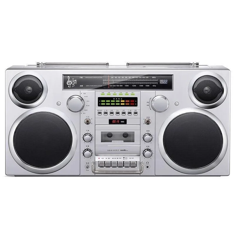 Old-fashioned portable large tape player, stereo radio CD player, all-in-one machine, speaker, recorder and repeater for the