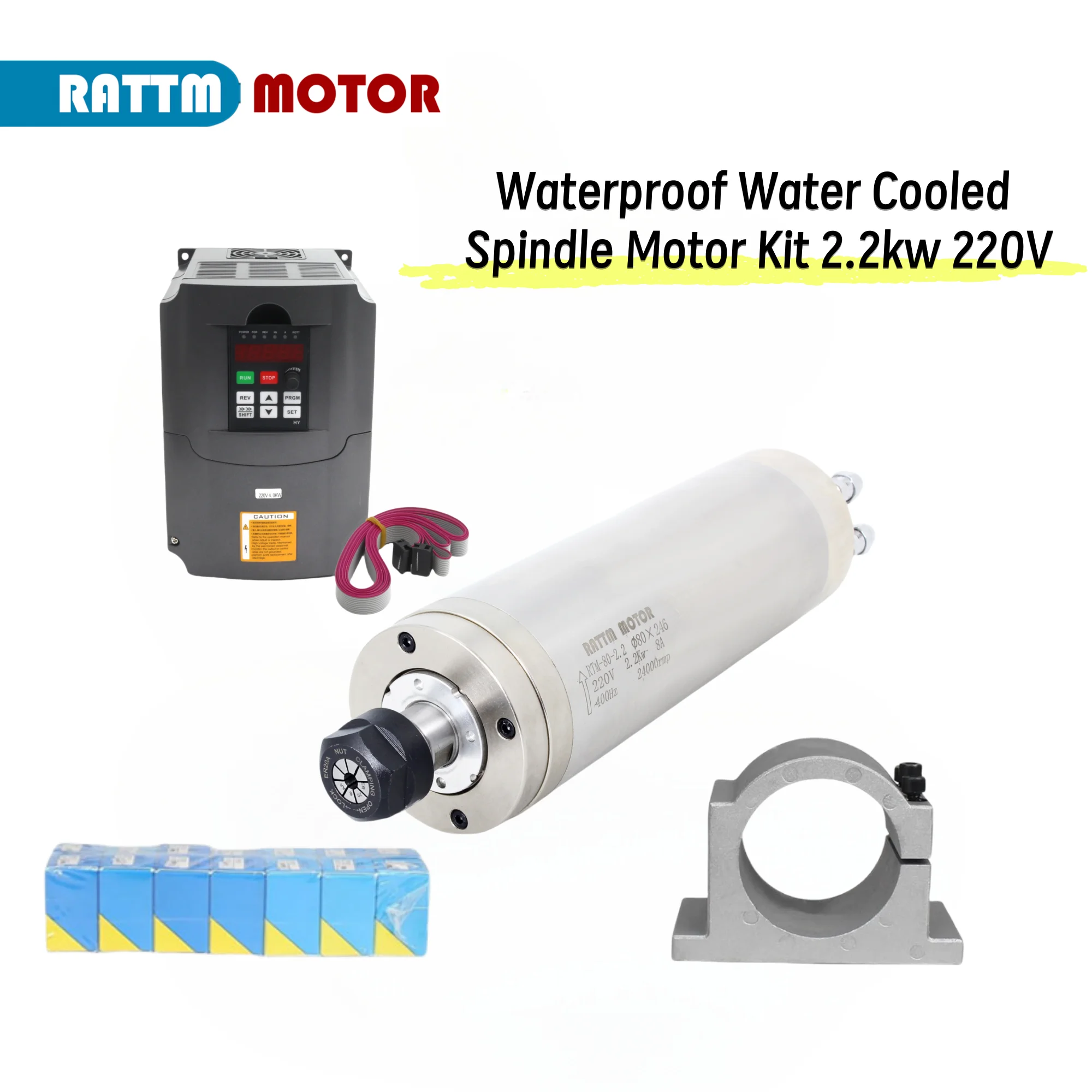 Waterproof Water Cooled Spindle Motor Kit 2.2kw 2200w Round Spindle 24000RPM + VFD Inverter With RS485 + 14pcs ER20 For CNC Mill