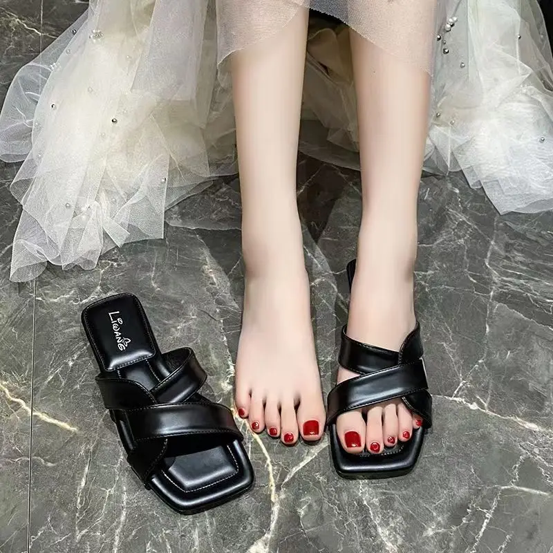 2025 Summer Square-toe Versatile Slip-on Sandals For Women Stylish Unique Bright And Cheerful Perfect For Casual Beach Wear