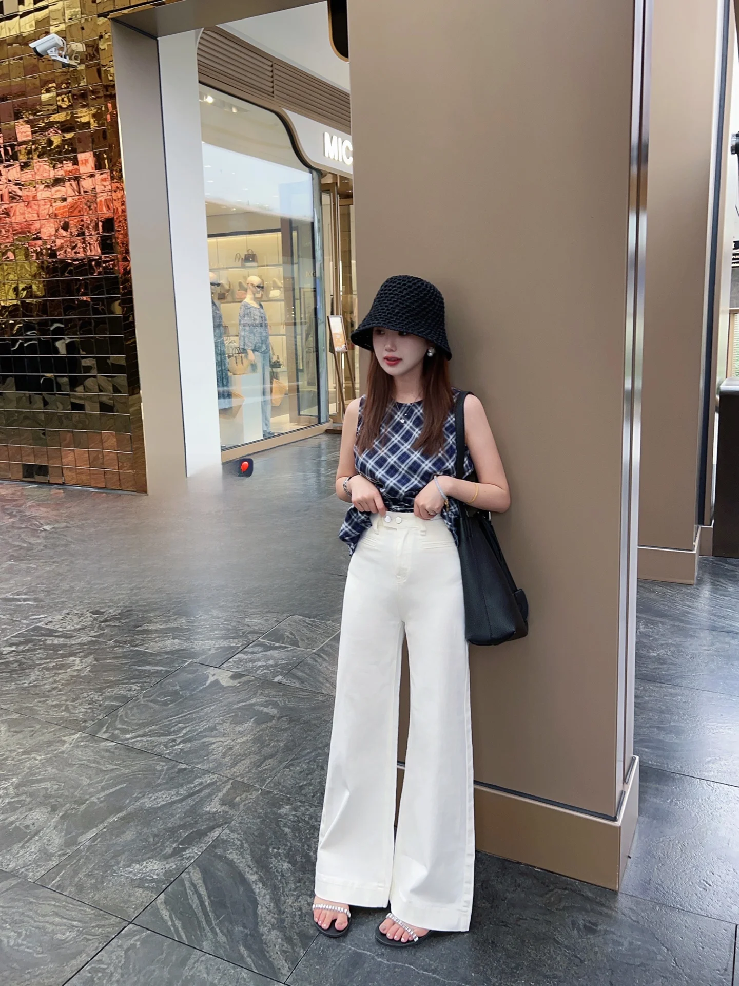 

Slimming High Waist Wide Leg Jeans Small Size Micro Flared White Long Length Casual Style Summer Fashion Ladies Jeans