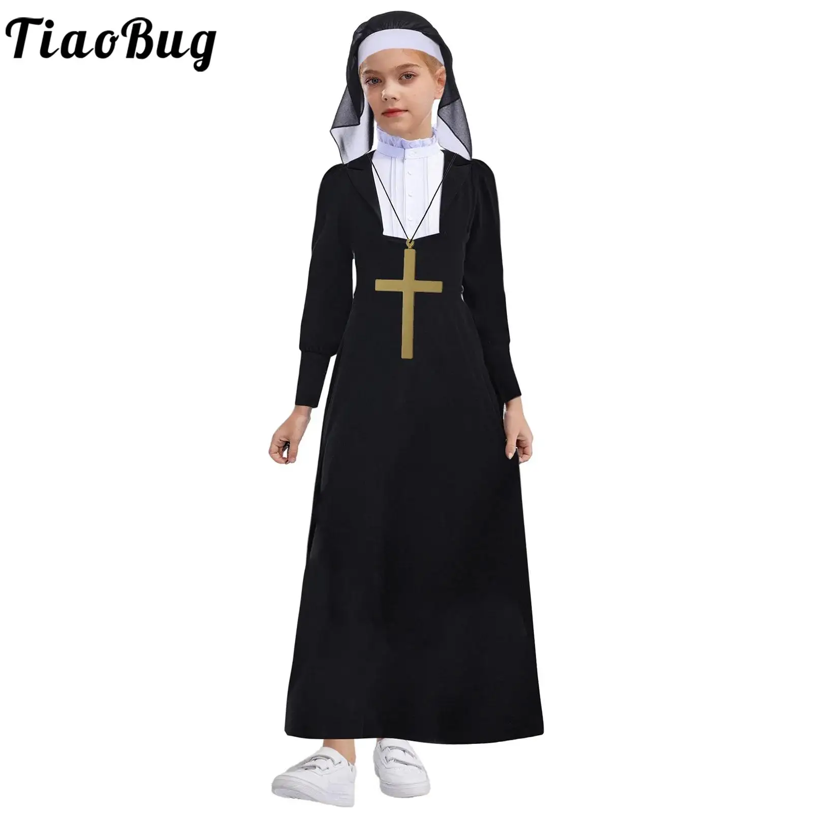 

Girls Nun Cosplay Costume for Halloween Theme Party Robe Long Sleeve Zipper Maxi Dress with Veil Role Play Outfits