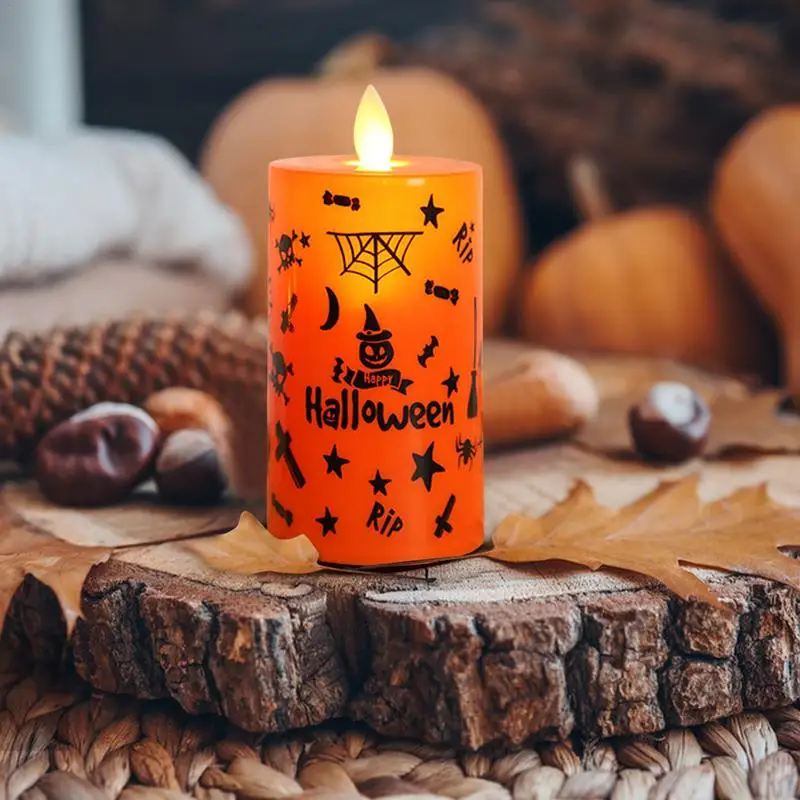 Halloween Decorations LED Candles Atmosphere Light Flickering Flame Graffiti Pattern Electronic Light Ornament For Party Scene