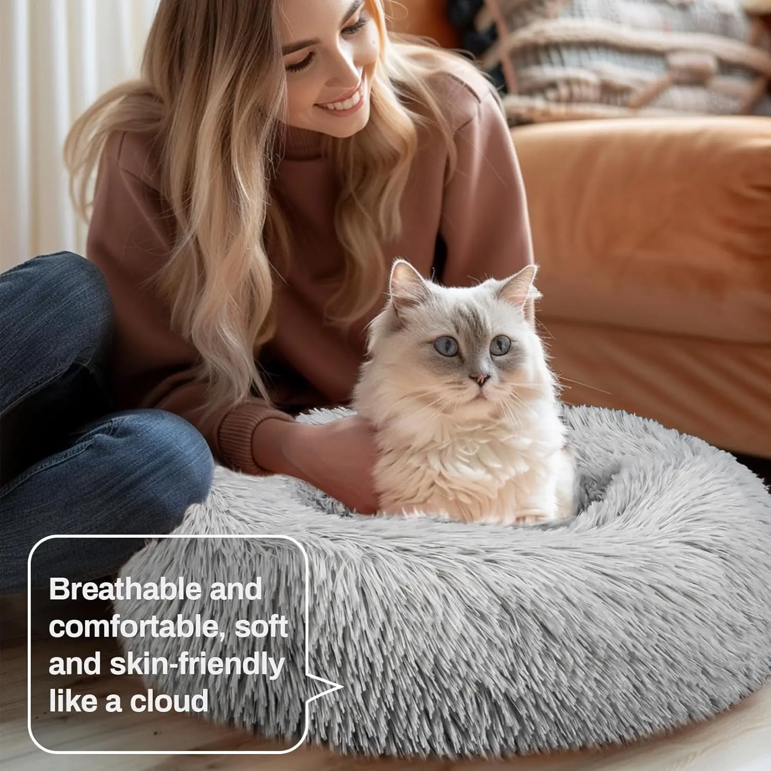

Cat Bed - Calming Cat Bed for Small Kittens Donut Washable Round for Indoor Kittens and Puppies Round Fluffy Plush Faux Fur