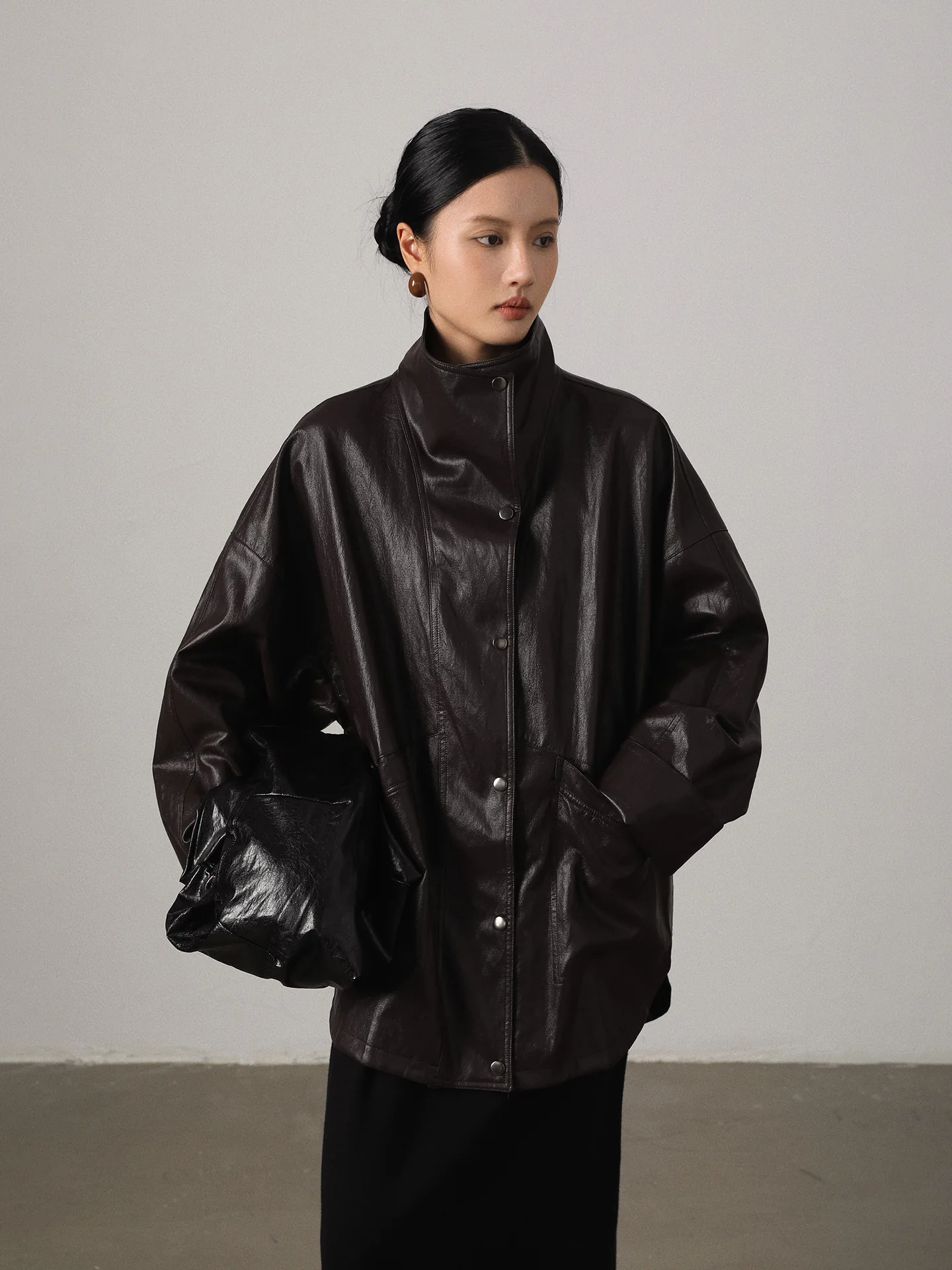 Vimore Classic Lightweight Metal Wire PU Leather Jaet Coat Flip Collar ape Leather Outerwear Long Sve Loose Fit Sle