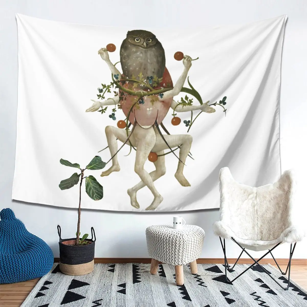 Hieronymus Bosch Dancing Owl Tapestry Wall Hanging Aesthetic Home Decoration Tapestries for Dorm Room