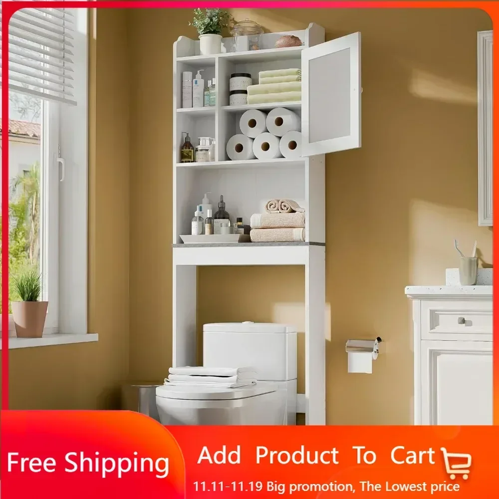 

The Toilet Bathroom Storage Cabinet Freestanding Wooden Bathroom Organizer with Adjustable Shelves and Glass Door