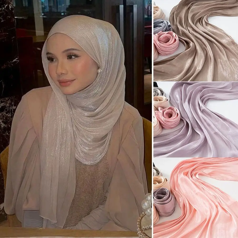 Syal Sutra Cerah Berkilau Bersirkulasi Kualitas Tinggi 66*180Cm Jilbab Sifon Mewah Turban Selendang Panjang