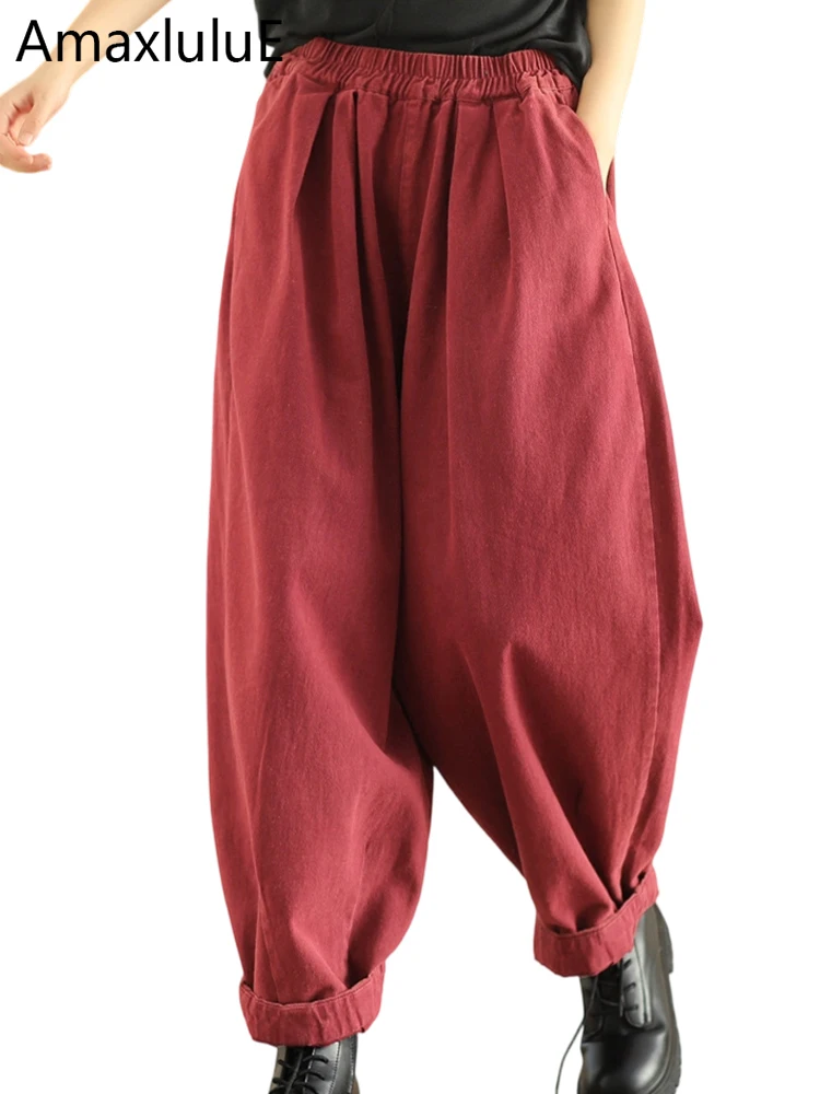 Amax LuluE الخريف الأوروبي الترفيه المرأة موضة فضفاضة خمر Soild سراويلي حريمي السيدات الفاخرة اللياقة البدنية الشرير مرونة الخصر بنطلون