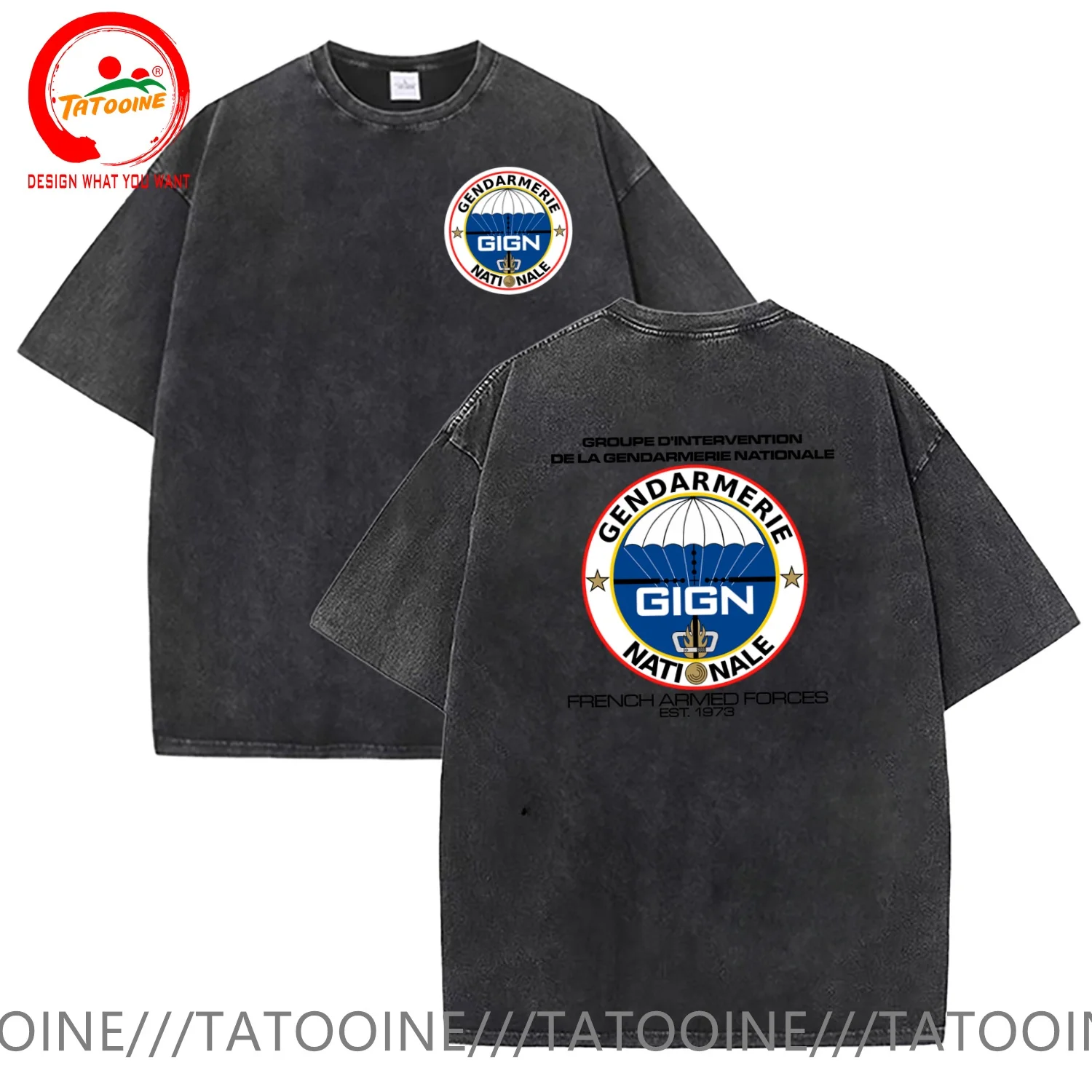 

Vintage Washed Cotton T-Shirt Funny Designer GIGN National Gendarmerie Intervention Group Logo French police T Shirt Men Fashion