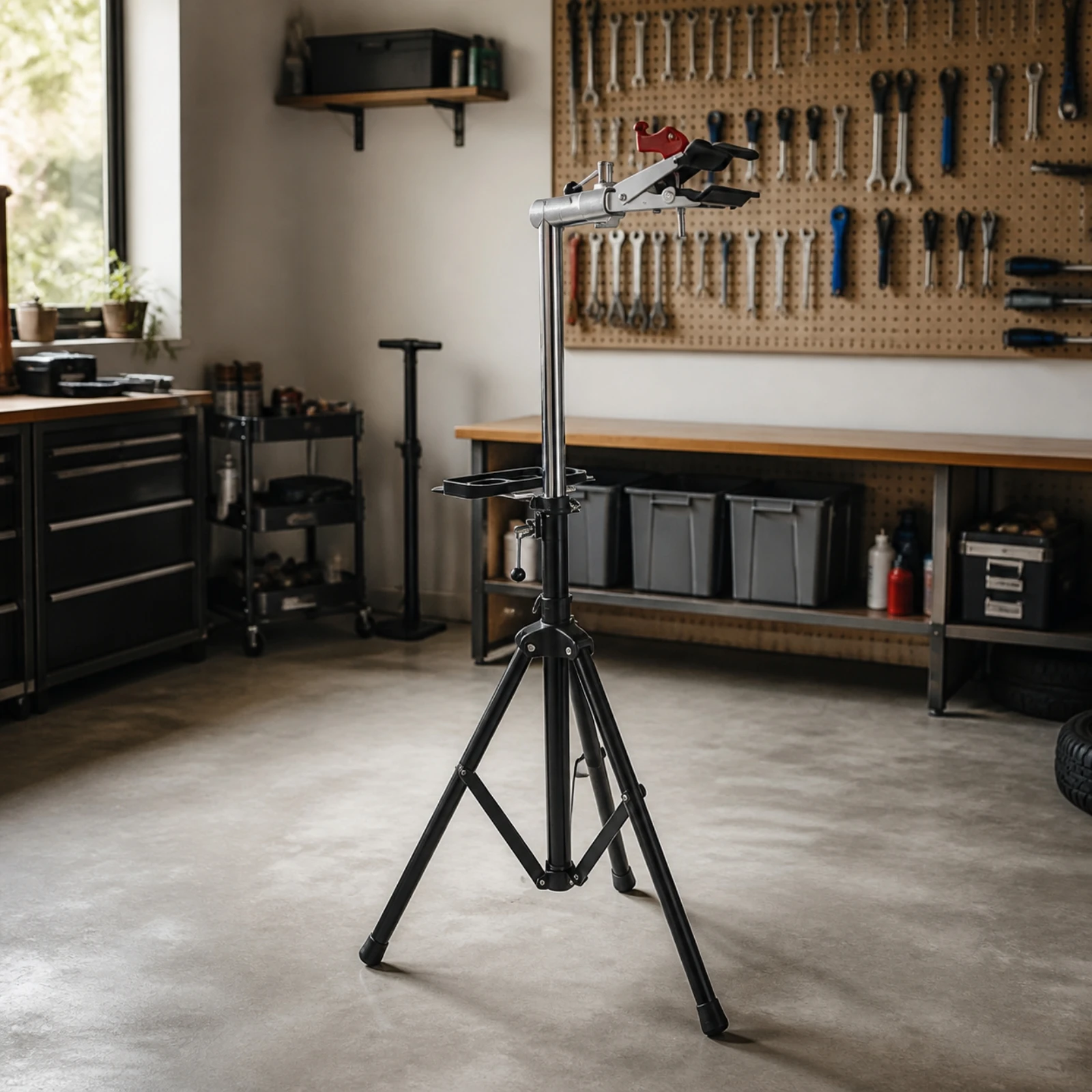 Bike Repair Stand Adjustable Clamp with Tool Tray Portable Cycle Maintenance Rack for Home Basement Workshop Use