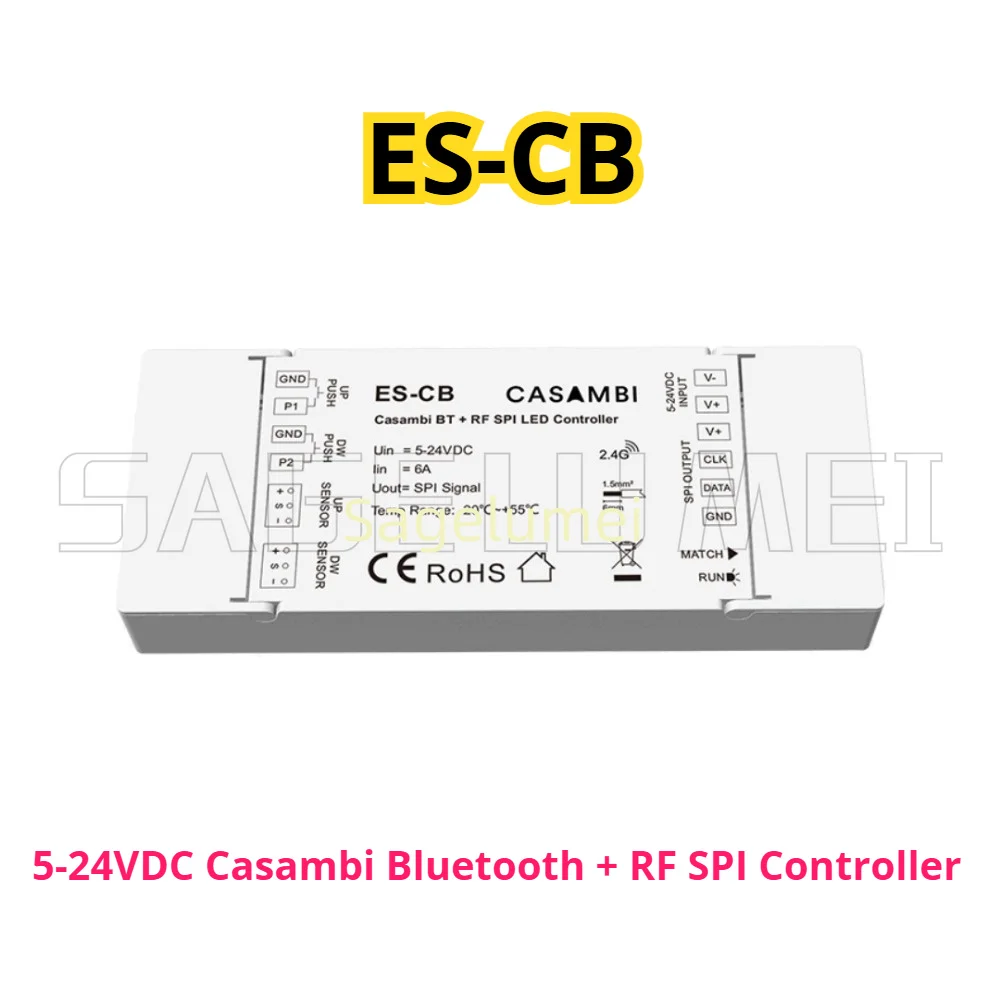 Dual sensor 5-24VDC Casambi Bluetooth + RF SPI LED Controller ES-CB dual push switch for White/RGBW/RGBCCT SPI LED light strips