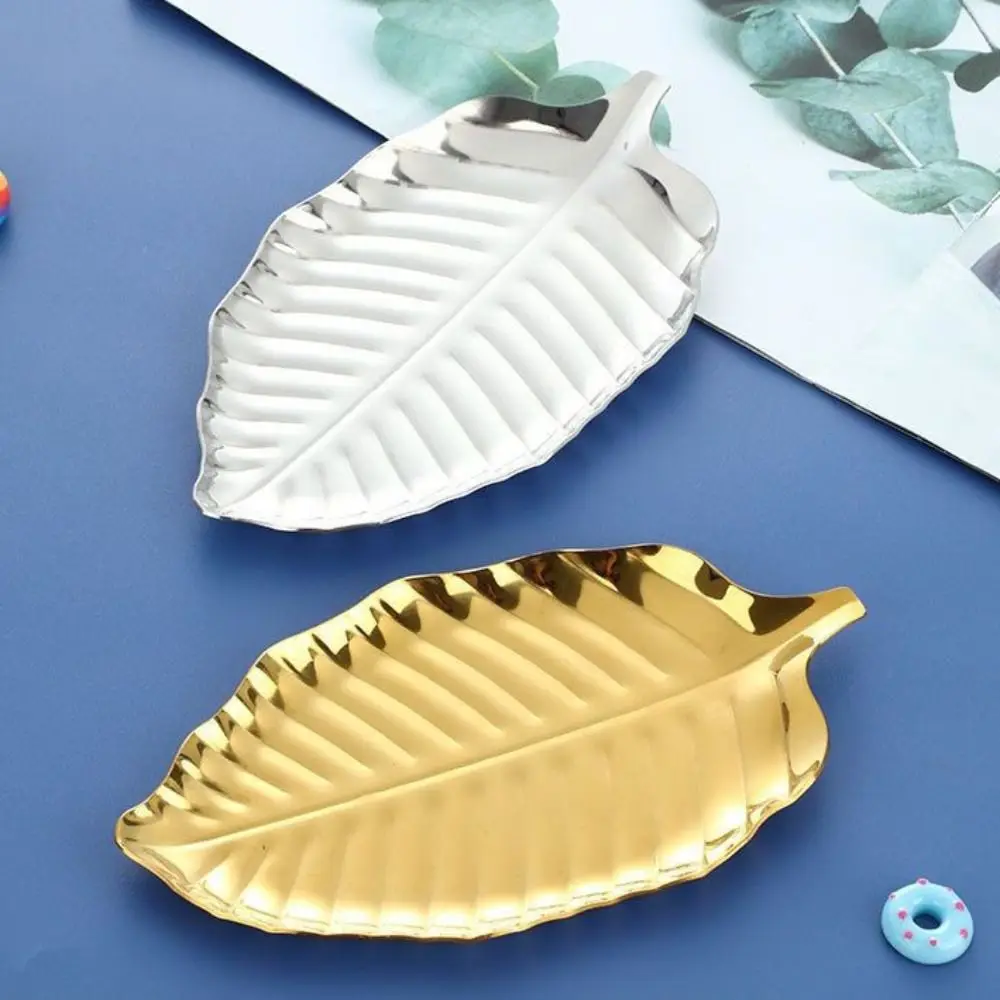 Premium Leaf Design Dining Plate Stainless Steel Non-Slip Kitchen Spoon Rest Smooth Edge Elegant Serving Tray Jewelry Storage