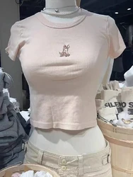 Little Deer Embroidery Pink T Shirt Women Cotton Round Neck Short Sleeve Tees Tops Female Vintage Cute Summer Slim Crop Top Y2k
