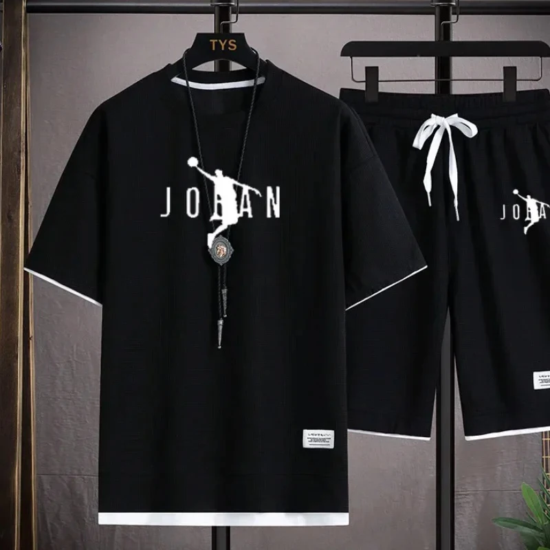 

2026 men's fashion pullover summer new casual sports set, basketball short sleeved T-shirt+shorts two-piece set