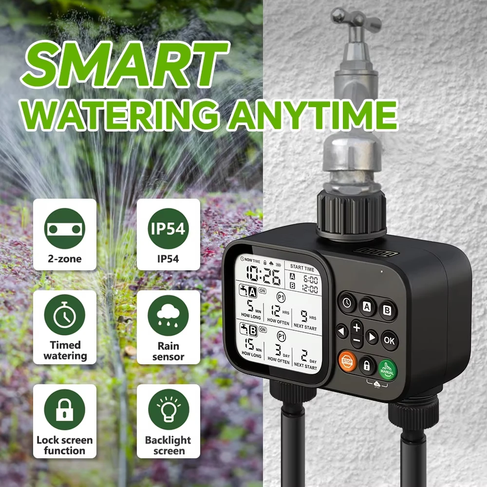 Programmable Digital Garden Water Timer 2 Outlet Automatic Manual Irrigation System Lawn Courtyard Garden Timer Rain Sensor