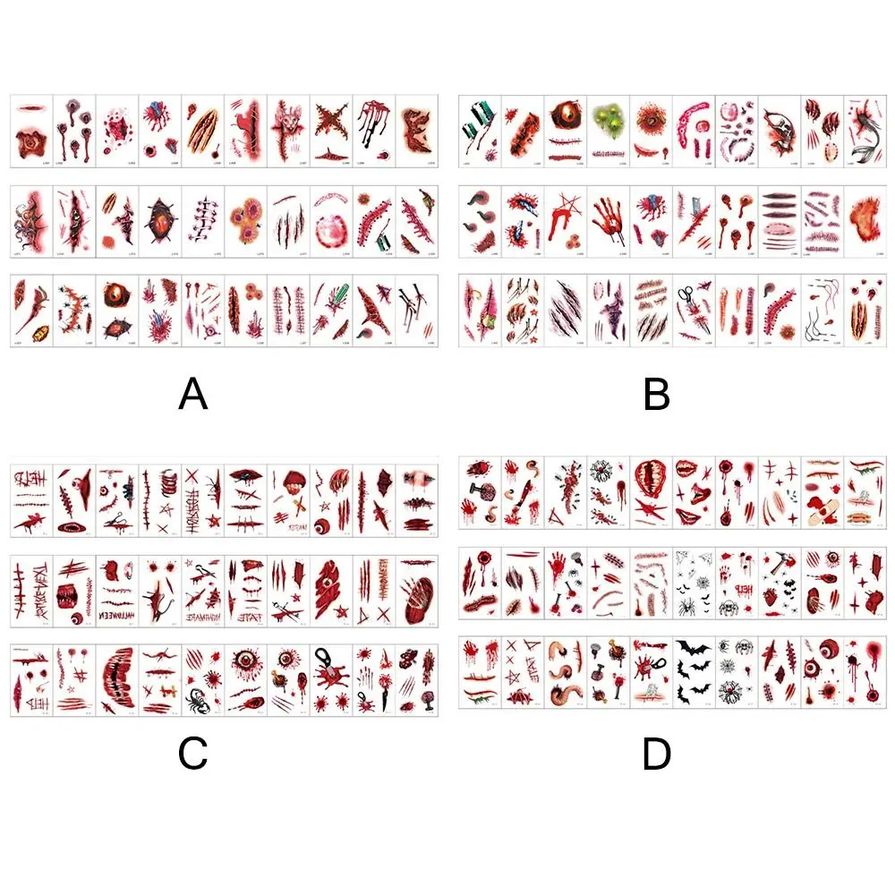 متعدد الألوان هالوين الوشم ملصق الجسم ماكياج واقعية المؤقتة الوشم الشارات الدموية 3D ندبة مهرجان ديكور