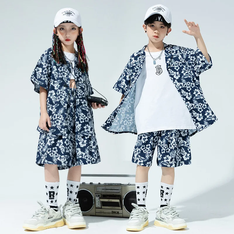 Kid Vintage Hip Hop Clothing Blue Short Sleeve Floral Print Shirt Casual Summer Shorts for Girl Boy Jazz Dance Costume Clothes