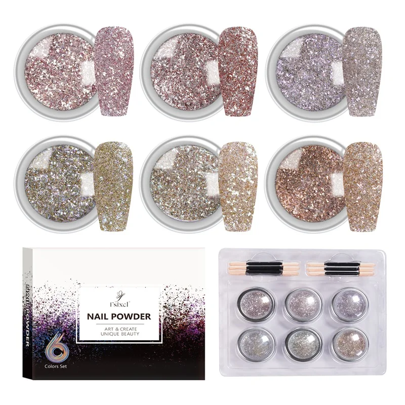 

FSIXCL Reflective Glitter Sparkle Nail Powder Manicure Design Decoration Crystal DIY Pigment Dust Shiny Powders 6 Color Set