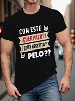 Men's O-Neck CON ESTE PELO? Graphic Tee Casual Loose Polyester Knit T-Shirt with Slight Stretch Geometric Pattern Tee