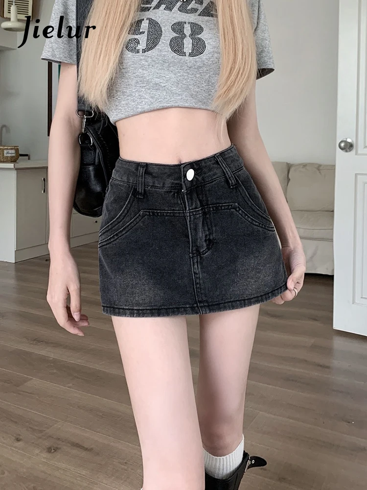 

Jielur American Vintage Denim Women's Shorts Summer Sexy Slim Tight Hip Woman Shorts High Waist Black Grey Simple Shorts Female