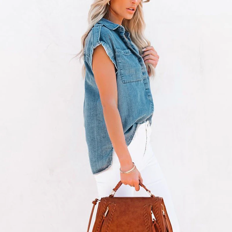 Women Short Sleeve Single Breasted Tops with Pockets Summer Fashion Denim T-Shirts Office Female 2024 Casual Turn Collar Top Pop