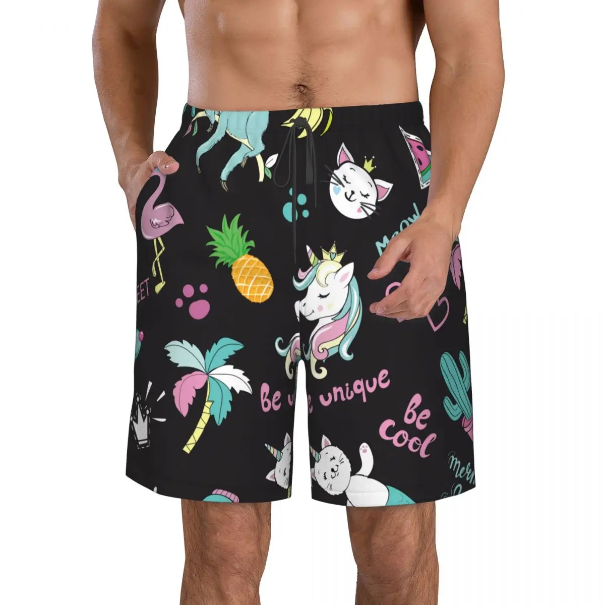 Men's Beach Short Swim Shorts Cute Cartoon Pop Art Unicorn Flamingo Toucan Cat Surfing Sport Board Shorts Swimwear