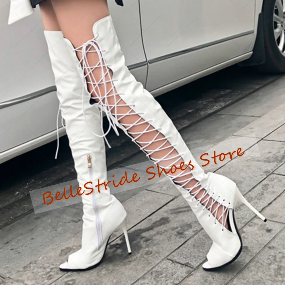 

White Side Zipper Lace up Boots Peep Toe Fashion Women Shoes Stilettos High Heels Party Banquet Dating 2025 Zapatos Para Mujere