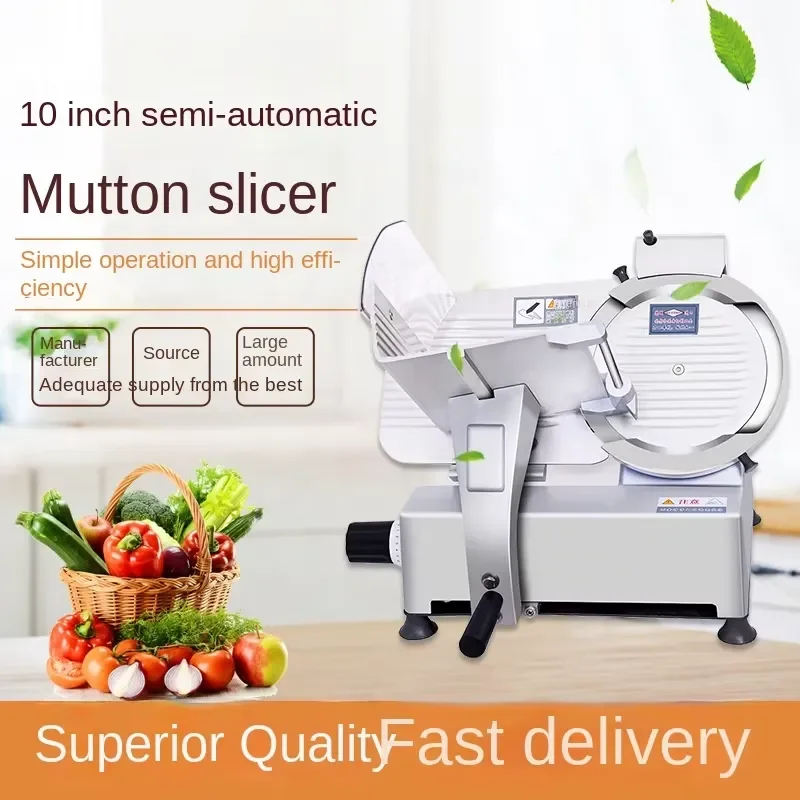 New 10 Inch Commercial Semi-automatic Electric Frozen Mutton Roll Slicer Adjustable Thickness Carbon Steel Blade 1 Year