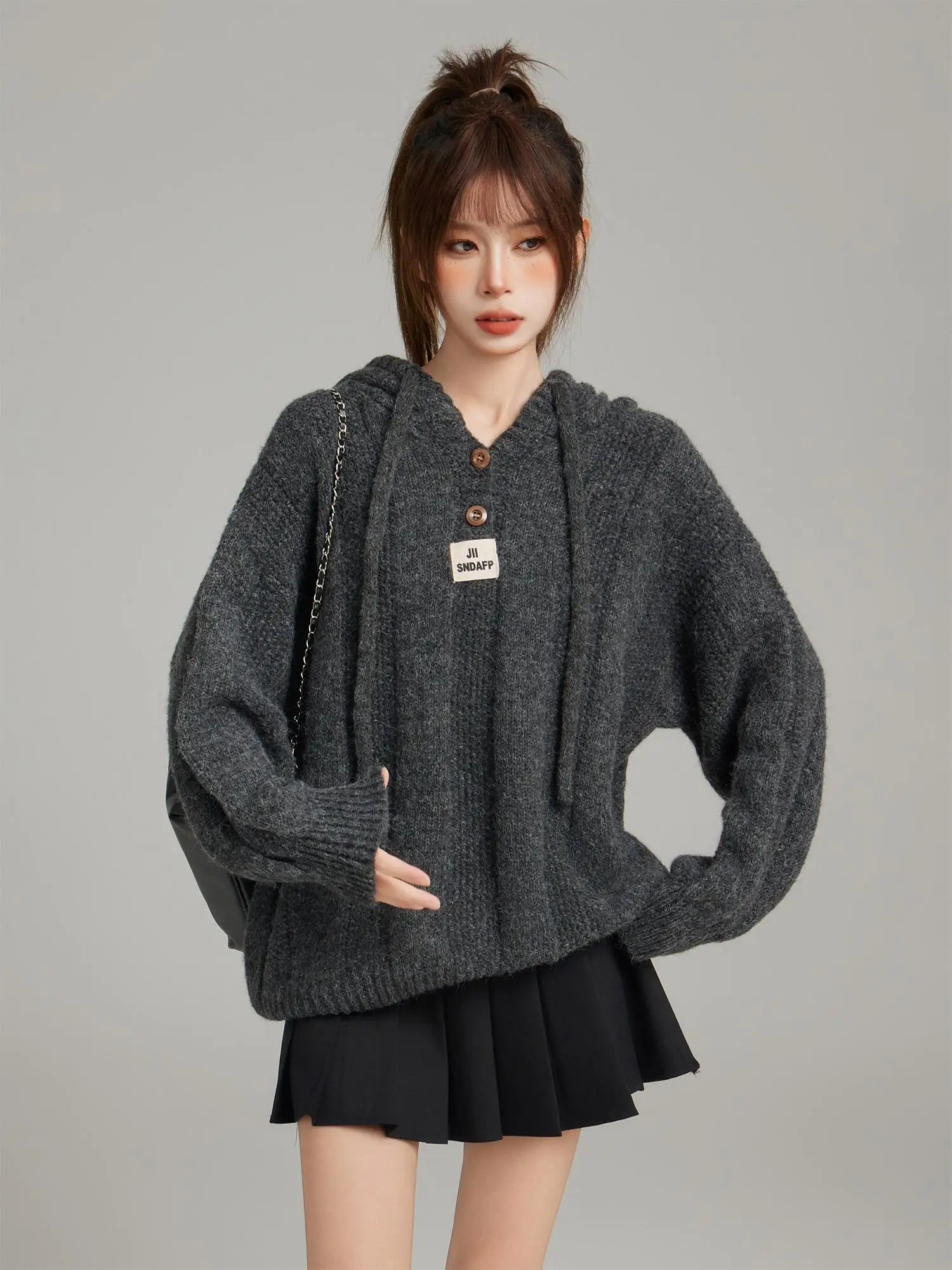 アメリカンスルールーズティエンドニットウールセーター女性用秋冬カジュアル帽子スウェット着やすいアウターウェア