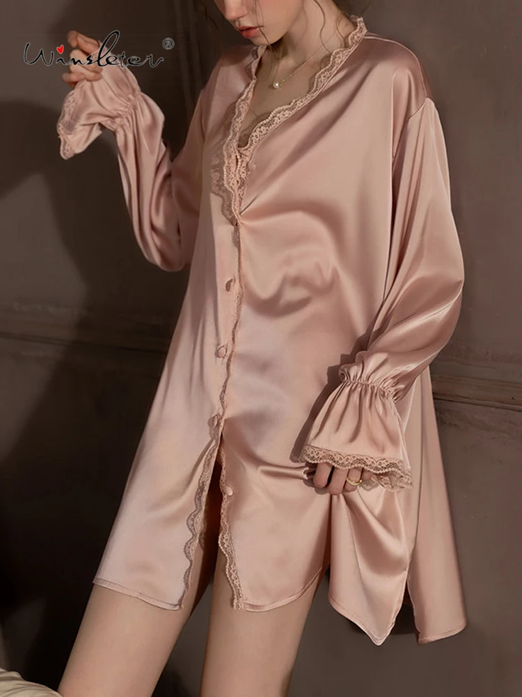 Winsleter-Sexy Long Sleeve Nightgown, V Neck Lace Patchwork, Women French Sweet Bride Loose Pajamas, 2026 Spring New P61740CC